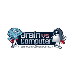 Cartoon characters for Brain vs Computer logos. I do wonder who is winning this war. Cute cartoon logo designs.