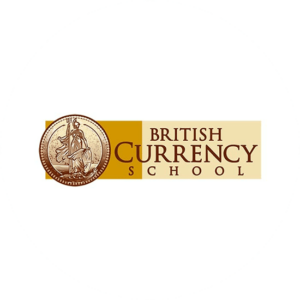 British Currency School is a finance logo design which uses a decorative font and two colors.