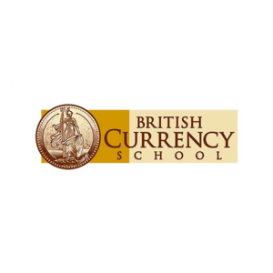 British Currency School is a finance logo design which uses a decorative font and two colors.