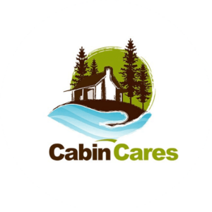 Leisure logos come in all shapes and colors like this little cabin Cares logo. A white cabin surrounded by trees and a lake beneath it.