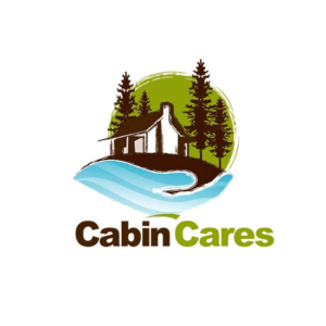 Leisure logos come in all shapes and colors like this little cabin Cares logo. A white cabin surrounded by trees and a lake beneath it.