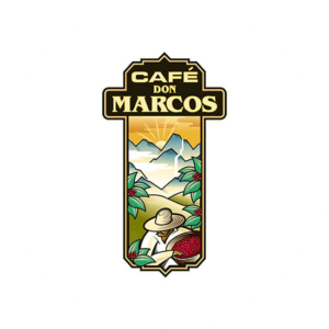 Cafe Marcos columbian coffee looks delicious with a banner looking food logo where you can see the coffee field and a hat