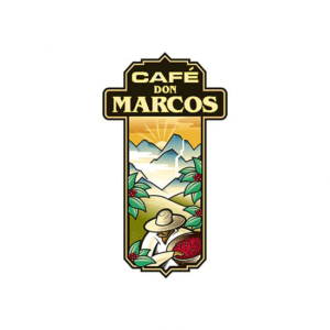 Cafe Marcos columbian coffee looks delicious with a banner looking food logo where you can see the coffee field and a hat
