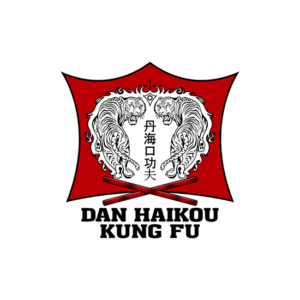 Red and black martial arts logo. The shape is a banner and inside there are two characters bowing to each other.
