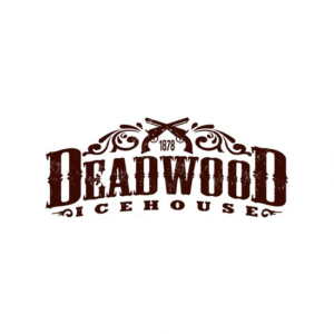 Deadwood Icehouse is a cowboy looking binate logo design. The guns hang on top of the wood design.