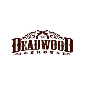 Deadwood Icehouse is a cowboy looking binate logo design. The guns hang on top of the wood design.