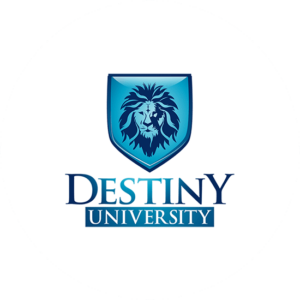 This education logo design like Destiny University uses a lion in a badge shape