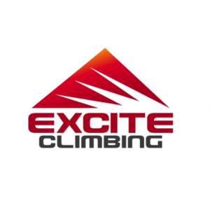 Excite Climbing is a leisure logo design that is shaped like a mountain in red with a ripped part in white. Easy to read, fat font.