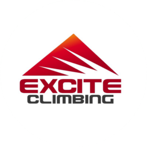 Excite Climbing is a leisure logo design that is shaped like a mountain in red with a ripped part in white. Easy to read, fat font.