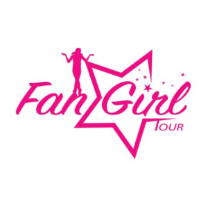 Leisure logo design for Fan Girls Tour. A girly pink start with a little figure of a girl on top of the star. Lots of sprinkles.