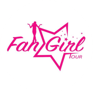 Leisure logo design for Fan Girls Tour. A girly pink start with a little figure of a girl on top of the star. Lots of sprinkles.