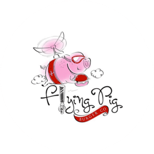 A pink flying cute pig for a food logo called just that. The flying pig