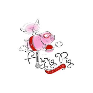 A pink flying cute pig for a food logo called just that. The flying pig