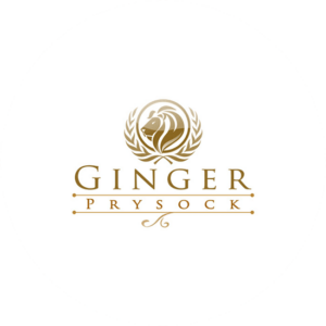Ginger Prysock is a gold wedding logo with a decorative symbolic medal in the shape of a lions head.