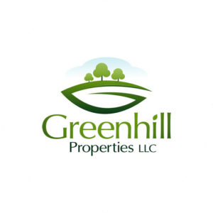 Greenhill Properties LLC is a cleverly created realty logo all in green where the leaf is also the hill