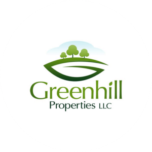 Greenhill Properties LLC is a cleverly created realty logo all in green where the leaf is also the hill