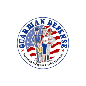 Three characters in a circular logo all in red, blue and white. The background is the American flag. Patriotic logo with a friendly feel to it.