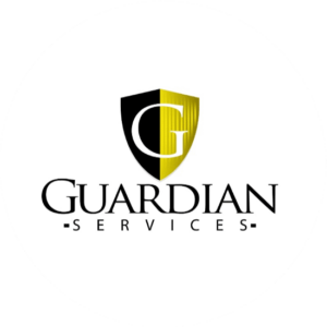 Guardian Services consists of a badge shape yellow and black logo.