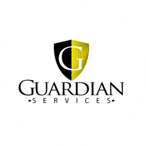 Guardian Services consists of a badge shape yellow and black legal logo.