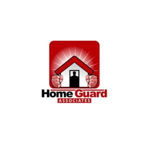 Home Guard is powerful. The house is help by two hands making the security logo looking strong. There is a silhouette of a man in the door.
