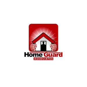 Home Guard is powerful. The house is help by two hands making the security logo looking strong. There is a silhouette of a man in the door.