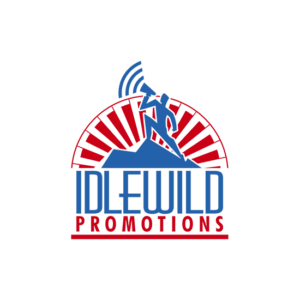 Marketing logo design for Idlewild Promotions. A man talking in a megaphone in front of a sun in blue and red. Colorful and memorable.
