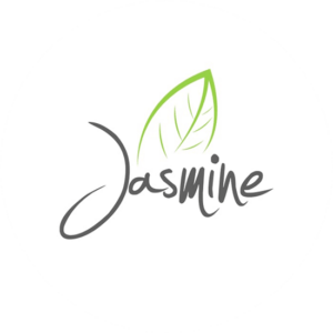 Jasmine simple logo with a see through leaf in green and a decorative grey font for Jasmine