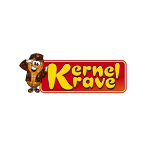 Kernel Krave's very charming peanut character logo design in red, yellow and brown