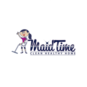 Maid time is a little cute girl holding the hoover waving. Decorative font was used in this cleaning logo design