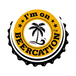I'm on beer action has the shape of a beer cap and a palm tree in black in the middle. Clever logo.