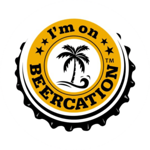 I'm on beer action has the shape of a beer cap and a palm tree in black in the middle. Clever logo.