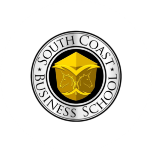 South Coast Business School has a circular education logo design in black and gold. Eye-catching