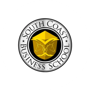South Coast Business School has a circular education logo design in black and gold. Eye-catching