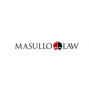 Legal logo for Masullo law. A simple black and red design