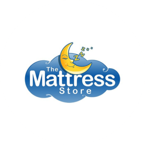 Logos for retail stores are usually colorful to catch attention like this half moon character sleeping on the "tr" for The Mattress Store