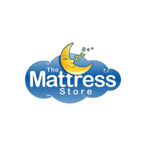 Logos for retail stores are usually colorful to catch attention like this half moon character sleeping on the "tr" for The Mattress Store