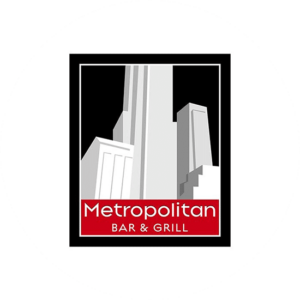 Classy Metropolitan bar & grill food logo with the outlines of the buildings of Manhattan