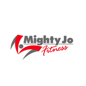 Mighty Jo fitness logo in grey and red