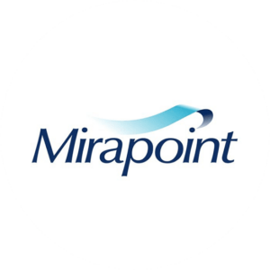 Mirapoint business logo in blue with a movement of a flag