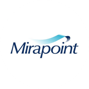 Mirapoint business logo in blue with a movement of a flag