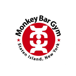 New York Logo for a gym Monkey Bar Gym. A circular red logo with two figures that are almost holding hands.