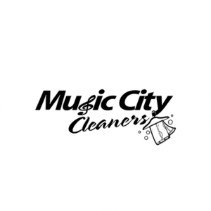Music City cleaner's has an unusual name. All in black with a hanger where a towel is hanging up to dry