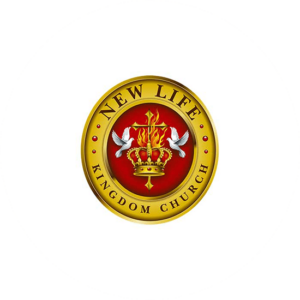 A New Life Kingdom Church logo design in yellow and red. A circular shaped logo with two doves opposite each other