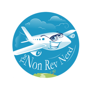 The Non Rev Nerd is an airplane with a big smile which makes it very friendly for a travel logo