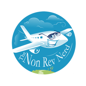 The Non Rev Nerd is an airplane with a big smile which makes it very friendly for a travel logo