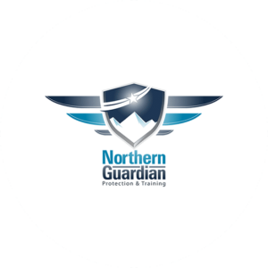 Norther Guardian is an inspirational security logo design in the shape of a badge with wings in grey and blue.