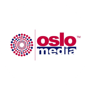 Publishing logo design for Oslo Media is a blue and red circular logo that easily stand out on a magazine.