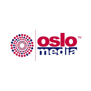 Publishing logo design for Oslo Media is a blue and red circular logo that easily stand out on a magazine.