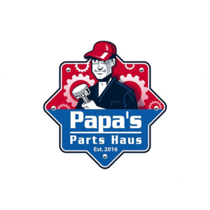 Papa's Parts Haus is a patriotic New York work logo in blue and red. A character holding tools.
