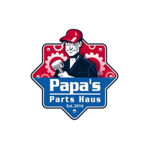 Papa's Parts Haus is a patriotic New York work logo in blue and red. A character holding tools.